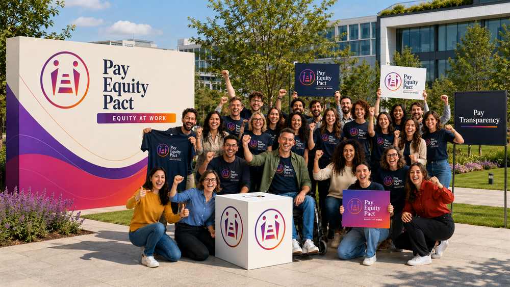 Un gruppo di persone riunite davanti al muro con il logo del Pay Equity Pact e la scritta Equity at Work