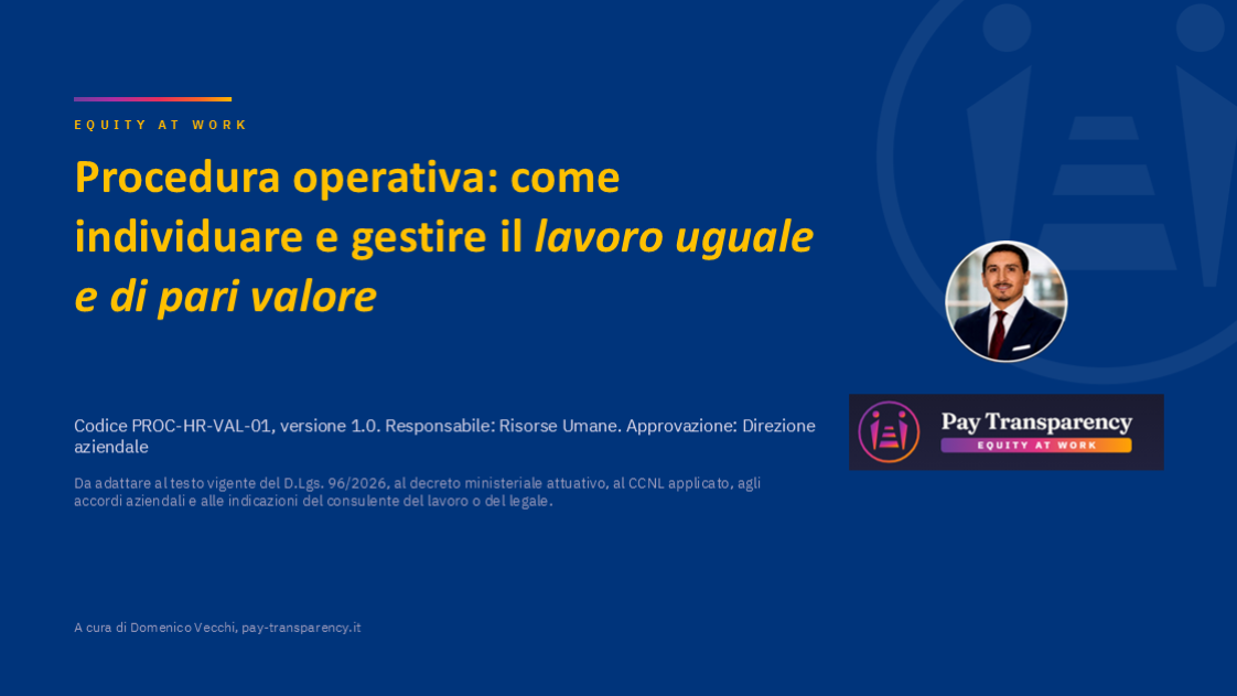 Copertina della procedura operativa in PDF per individuare e gestire il lavoro uguale e di pari valore, codice PROC-HR-VAL-01
